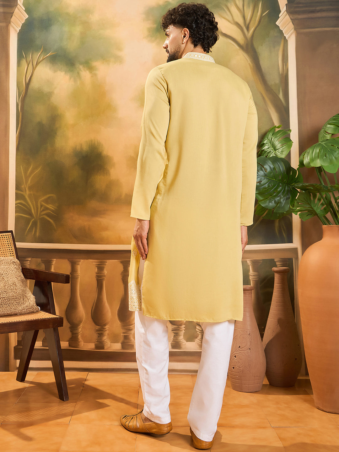 Men Yellow Silk Blend Solid Embroidered Straight Kurta with Trouser-MKSET1434