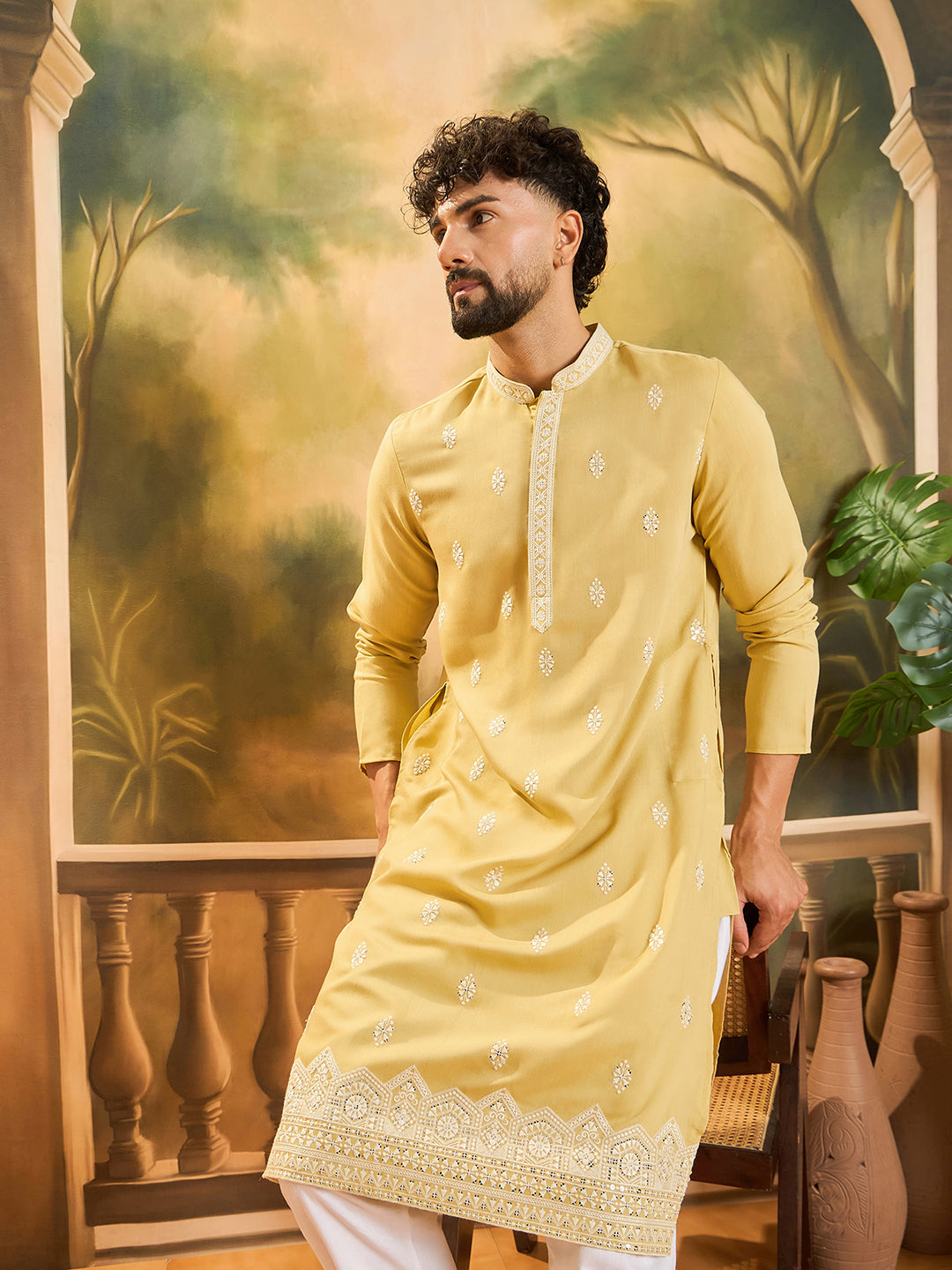 Men Yellow Silk Blend Solid Embroidered Straight Kurta with Trouser-MKSET1434