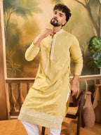 Men Yellow Silk Blend Solid Embroidered Straight Kurta with Trouser-MKSET1434