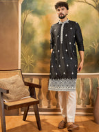 Men Black Silk Blend Solid Embroidered Straight Kurta with Trouser-MKSET1441