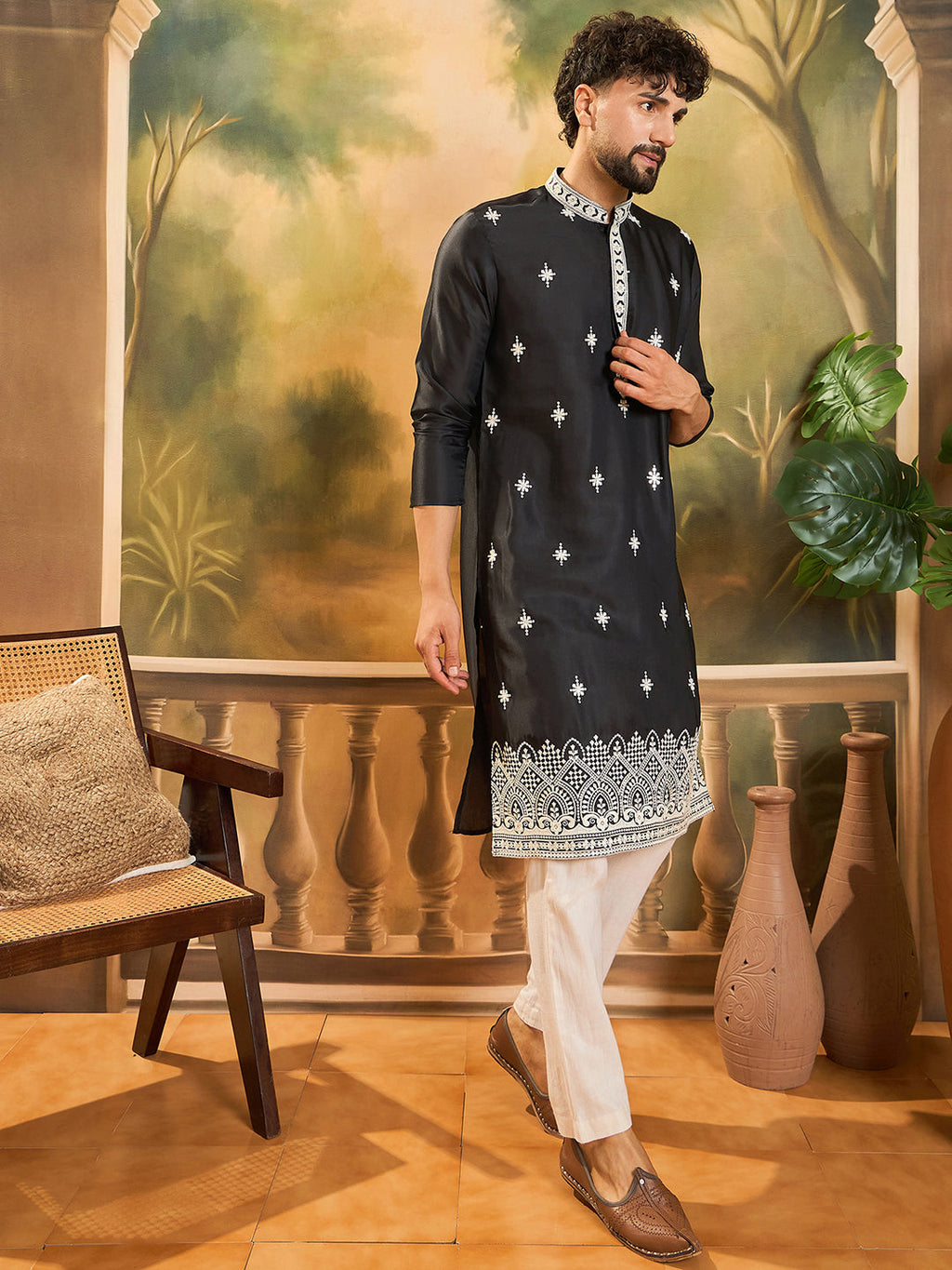 Men Black Silk Blend Solid Embroidered Straight Kurta with Trouser-MKSET1441