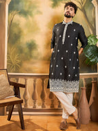 Men Black Silk Blend Solid Embroidered Straight Kurta with Trouser-MKSET1441