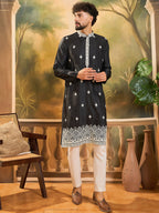 Men Black Silk Blend Solid Embroidered Straight Kurta with Trouser-MKSET1441