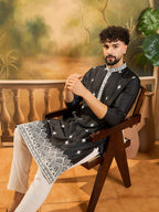 Men Black Silk Blend Solid Embroidered Straight Kurta with Trouser-MKSET1441
