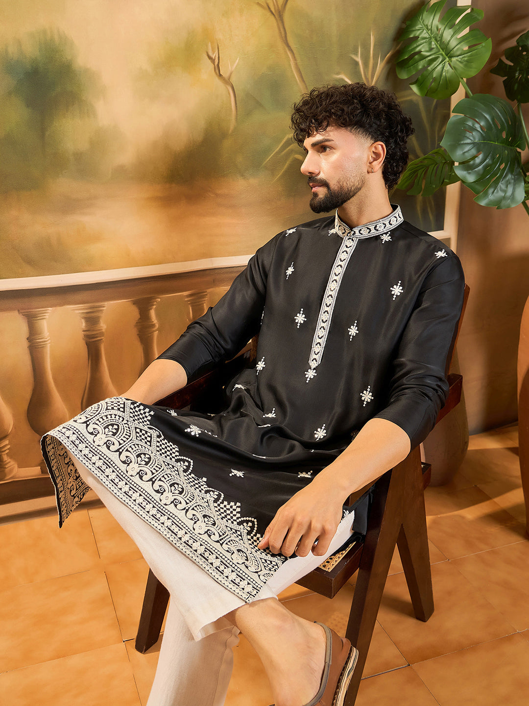 Men Black Silk Blend Solid Embroidered Straight Kurta with Trouser-MKSET1441