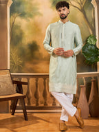 Men Green Silk Blend Solid Embroidered Straight Kurta with Trouser-MKSET1450