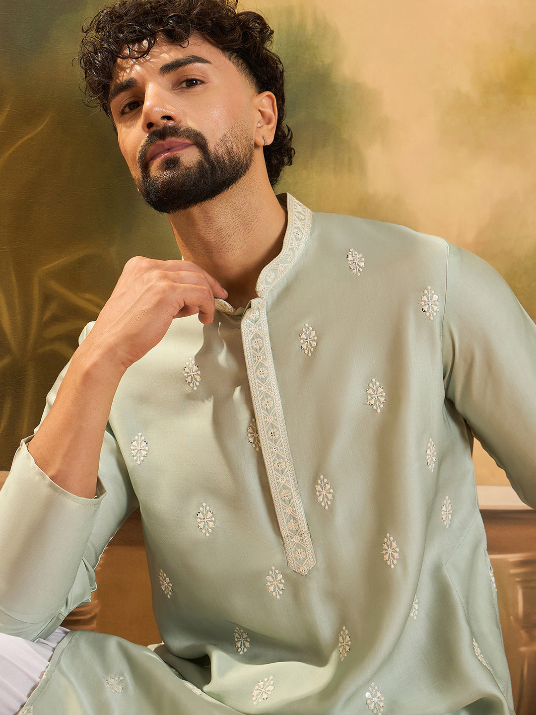 Men Green Silk Blend Solid Embroidered Straight Kurta with Trouser-MKSET1450