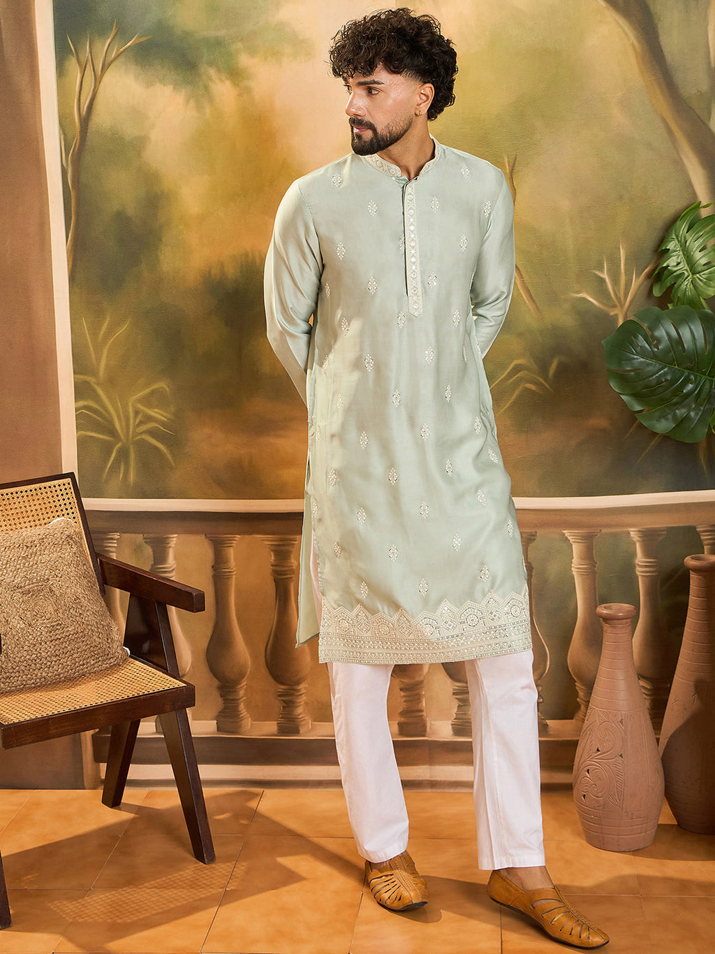 Men Green Silk Blend Solid Embroidered Straight Kurta with Trouser-MKSET1450