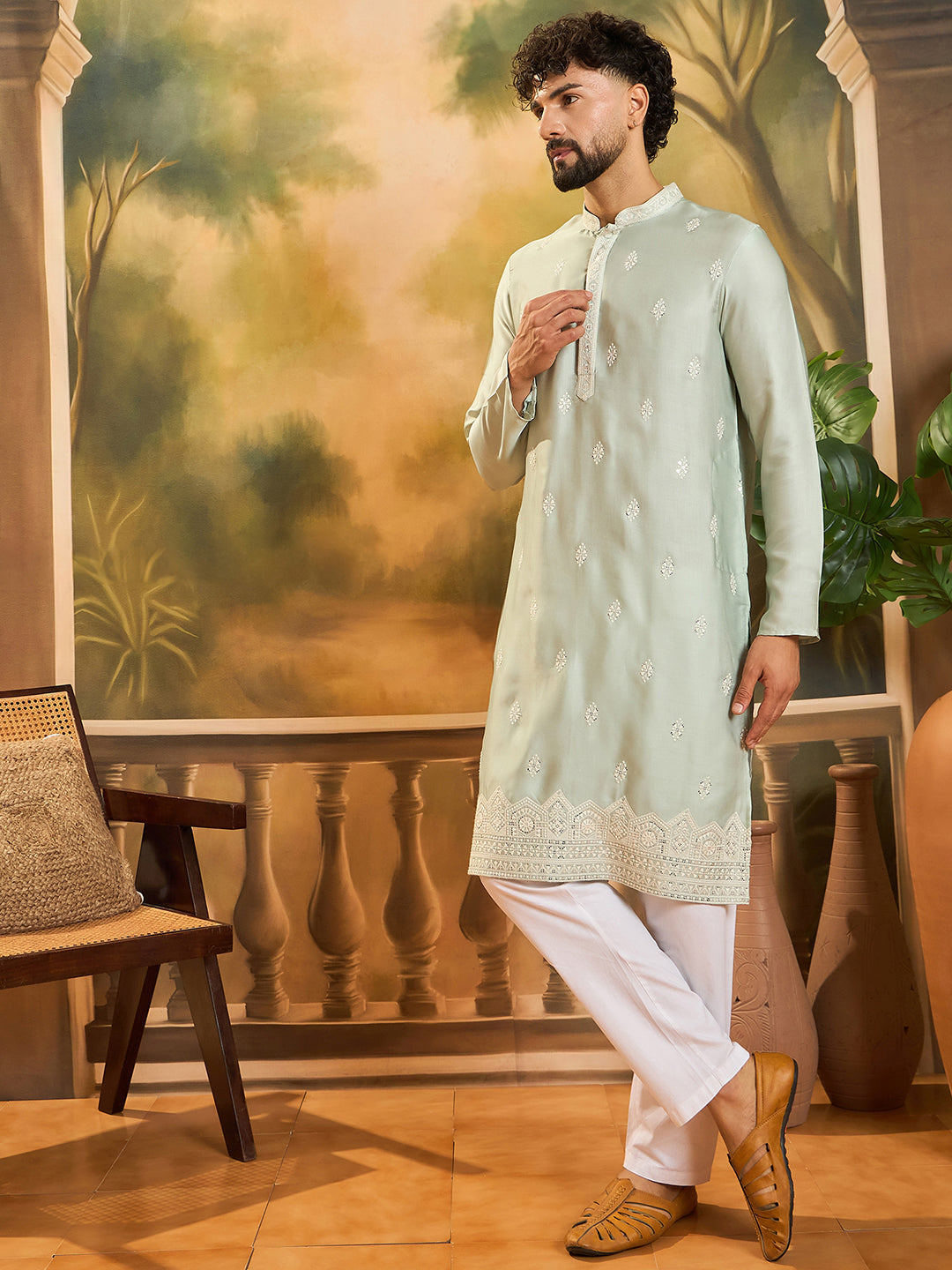 Men Green Silk Blend Solid Embroidered Straight Kurta with Trouser-MKSET1450