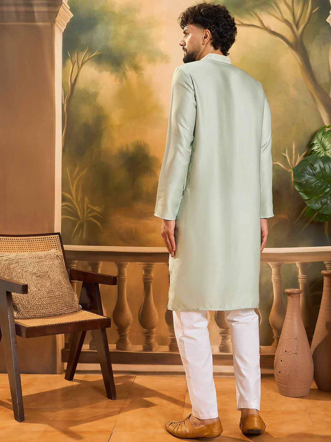 Men Green Silk Blend Solid Embroidered Straight Kurta with Trouser-MKSET1450