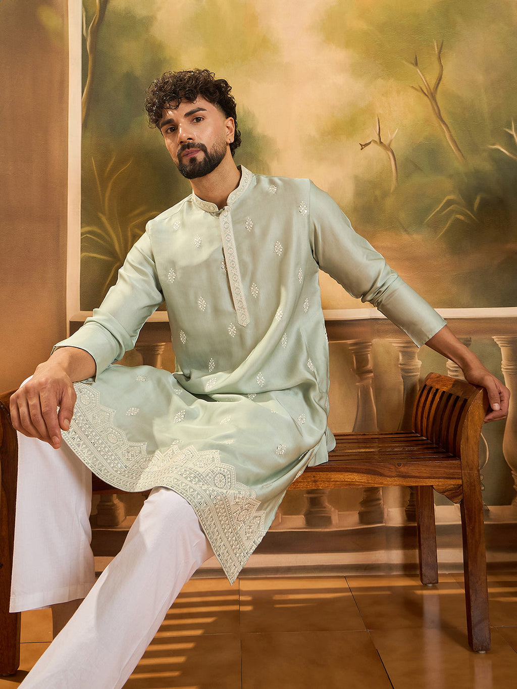 Men Green Silk Blend Solid Embroidered Straight Kurta with Trouser-MKSET1450