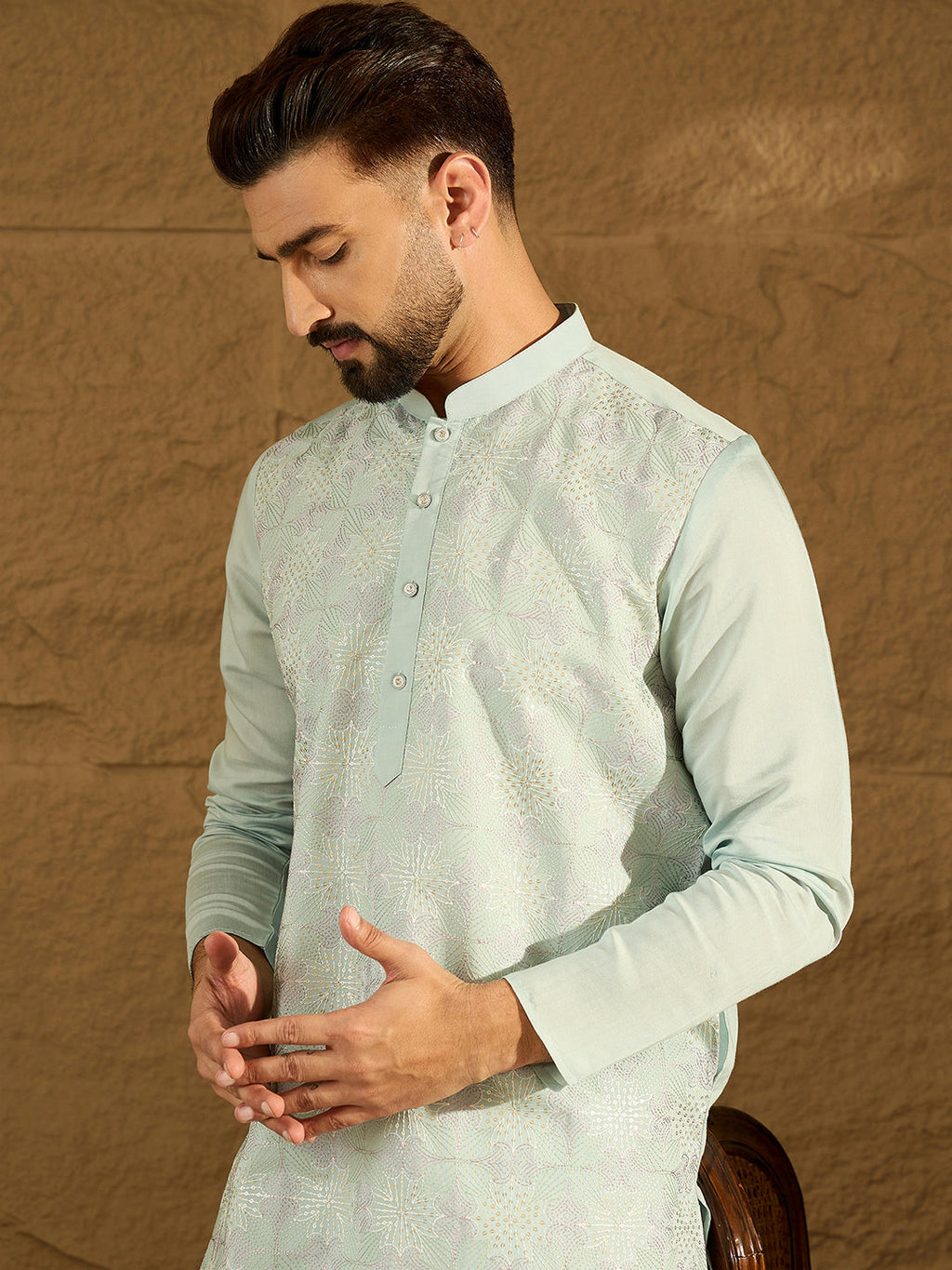 Men Blue Silk Blend Solid Embroidered Straight Kurta with Trouser-MKSET1468