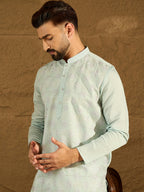 Men Blue Silk Blend Solid Embroidered Straight Kurta with Trouser-MKSET1468