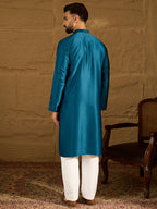 Men Blue Silk Blend Solid Embroidered Straight Kurta with Trouser-MKSET1469