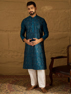 Men Blue Silk Blend Solid Embroidered Straight Kurta with Trouser-MKSET1469