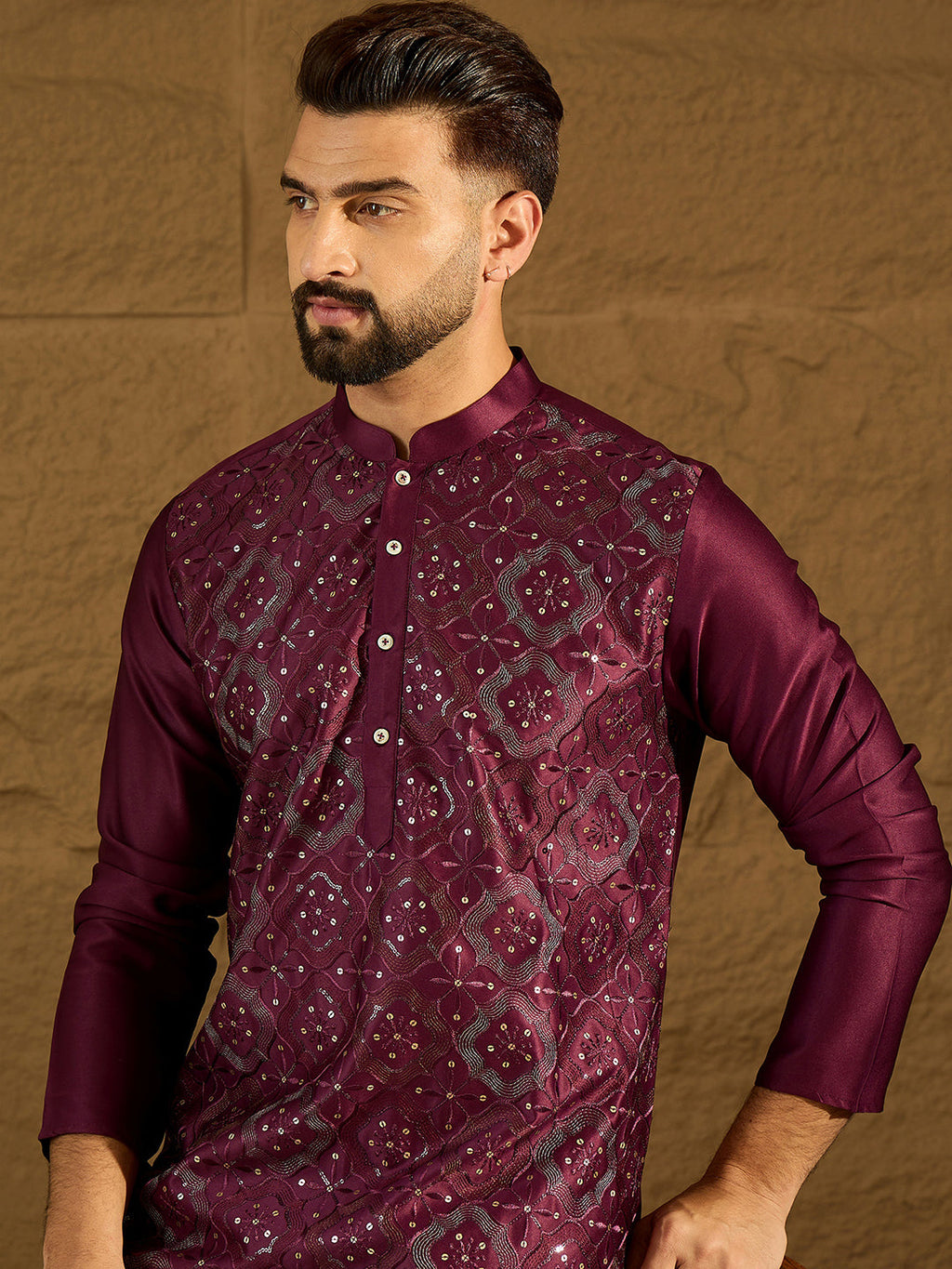 Men Purple Silk Blend Solid Embroidered Straight Kurta with Trouser-MKSET1470