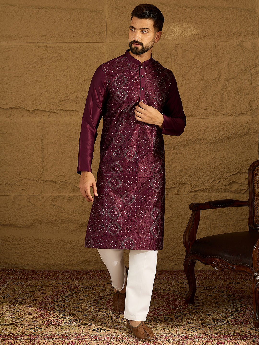 Men Purple Silk Blend Solid Embroidered Straight Kurta with Trouser-MKSET1470