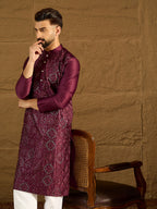 Men Purple Silk Blend Solid Embroidered Straight Kurta with Trouser-MKSET1470