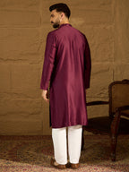 Men Purple Silk Blend Solid Embroidered Straight Kurta with Trouser-MKSET1470