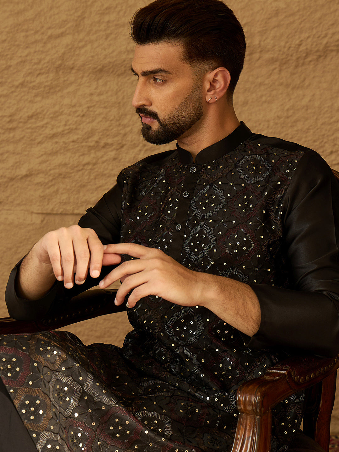 Men Black Silk Blend Solid Embroidered Straight Kurta with Trouser-MKSET1471
