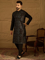 Men Black Silk Blend Solid Embroidered Straight Kurta with Trouser-MKSET1471