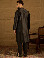 Men Black Silk Blend Solid Embroidered Straight Kurta with Trouser-MKSET1471
