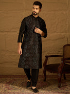 Men Black Silk Blend Solid Embroidered Straight Kurta with Trouser-MKSET1471