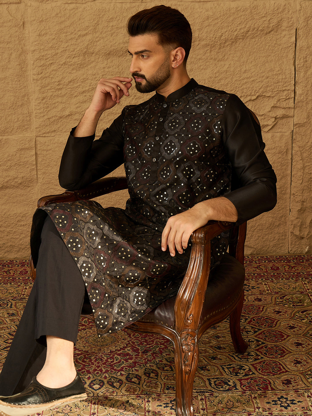 Men Black Silk Blend Solid Embroidered Straight Kurta with Trouser-MKSET1471