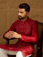 Men Maroon Silk Blend Solid Embroidered Straight Kurta with Trouser-MKSET1472