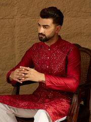 Men Maroon Silk Blend Solid Embroidered Straight Kurta with Trouser-MKSET1472