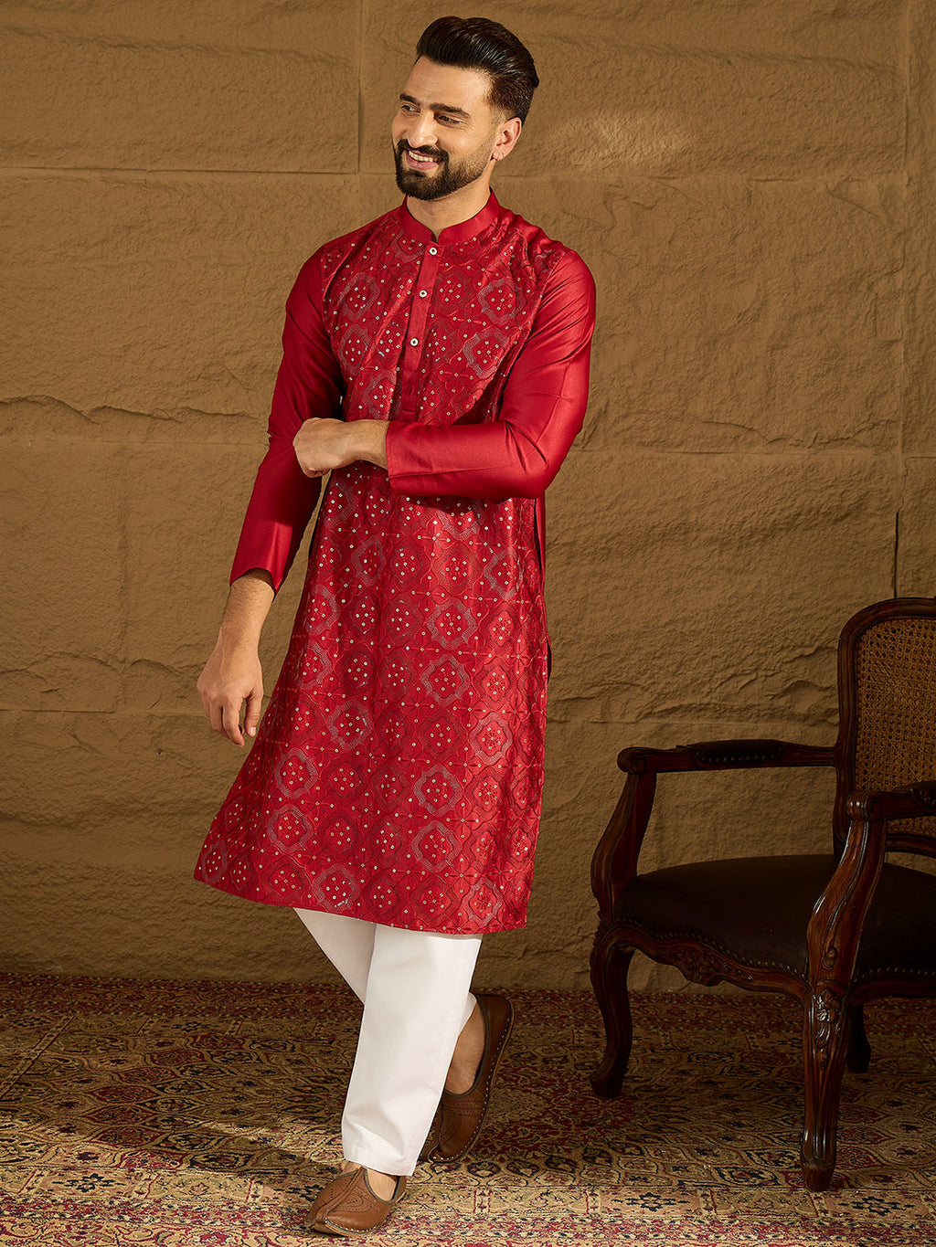 Men Maroon Silk Blend Solid Embroidered Straight Kurta with Trouser-MKSET1472