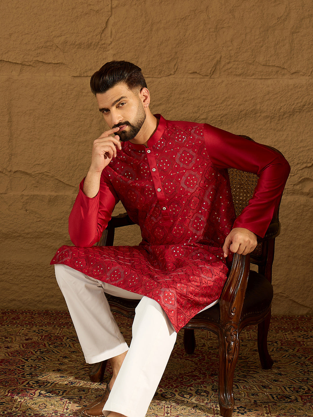 Men Maroon Silk Blend Solid Embroidered Straight Kurta with Trouser-MKSET1472