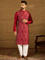 Men Maroon Silk Blend Solid Embroidered Straight Kurta with Trouser-MKSET1473
