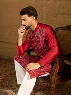 Men Maroon Silk Blend Solid Embroidered Straight Kurta with Trouser-MKSET1473