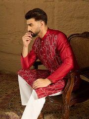 Men Maroon Silk Blend Solid Embroidered Straight Kurta with Trouser-MKSET1473
