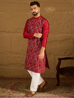 Men Maroon Silk Blend Solid Embroidered Straight Kurta with Trouser-MKSET1473