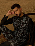 Men Black Silk Blend Solid Embroidered Straight Kurta with Trouser-MKSET1474
