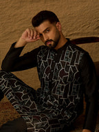 Men Black Silk Blend Solid Embroidered Straight Kurta with Trouser-MKSET1474