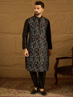 Men Black Silk Blend Solid Embroidered Straight Kurta with Trouser-MKSET1474