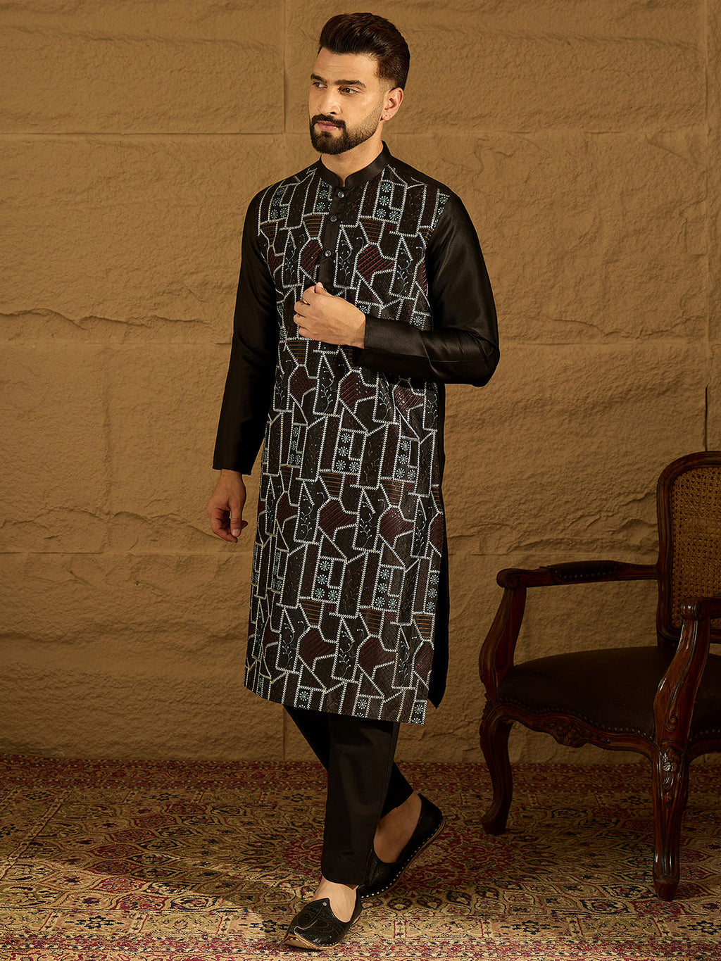 Men Black Silk Blend Solid Embroidered Straight Kurta with Trouser-MKSET1474