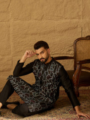 Men Black Silk Blend Solid Embroidered Straight Kurta with Trouser-MKSET1474