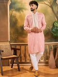 Men Peach Silk Blend Solid Embroidered Straight Kurta with Trouser-MKSET1491