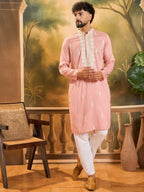 Men Peach Silk Blend Solid Embroidered Straight Kurta with Trouser-MKSET1491