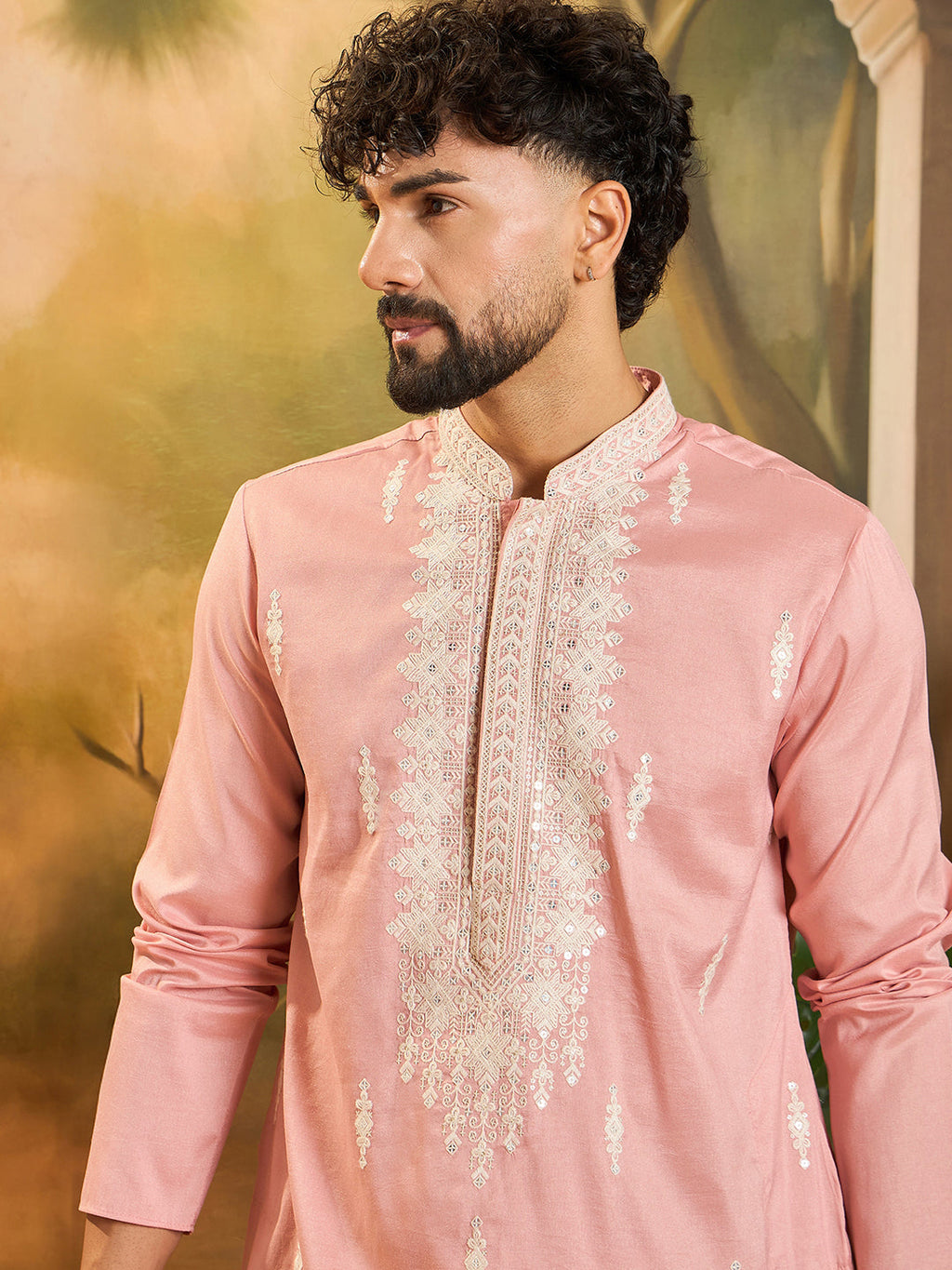 Men Peach Silk Blend Solid Embroidered Straight Kurta with Trouser-MKSET1491