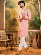Men Peach Silk Blend Solid Embroidered Straight Kurta with Trouser-MKSET1491
