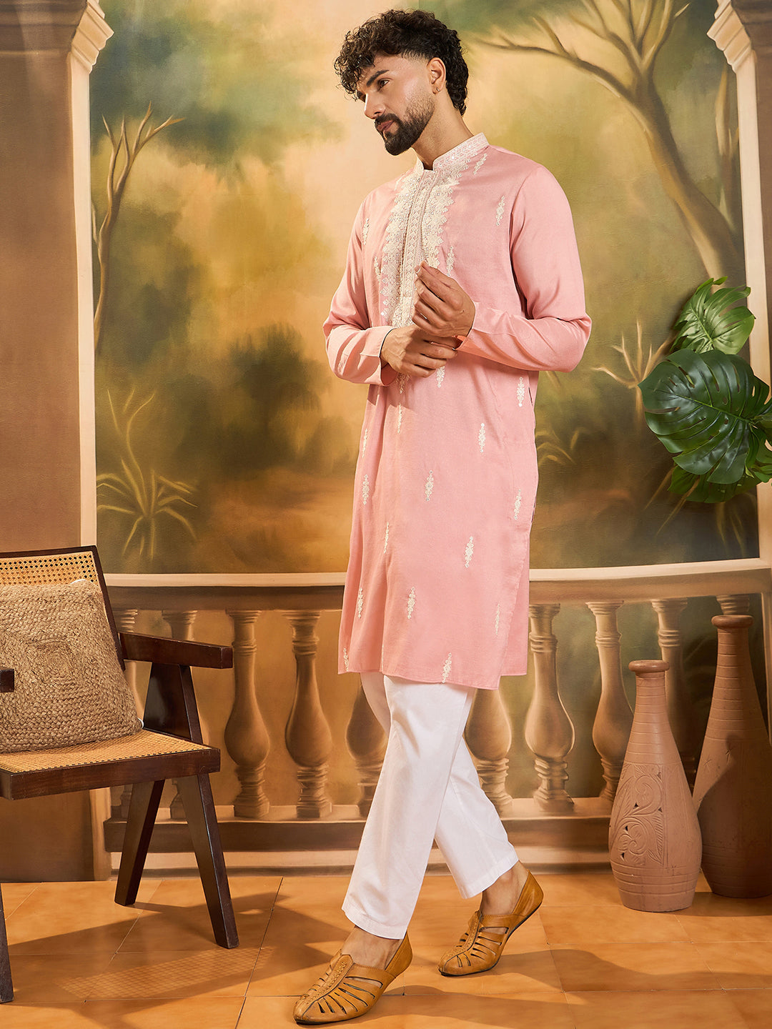 Men Peach Silk Blend Solid Embroidered Straight Kurta with Trouser-MKSET1491