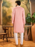 Men Peach Silk Blend Solid Embroidered Straight Kurta with Trouser-MKSET1491