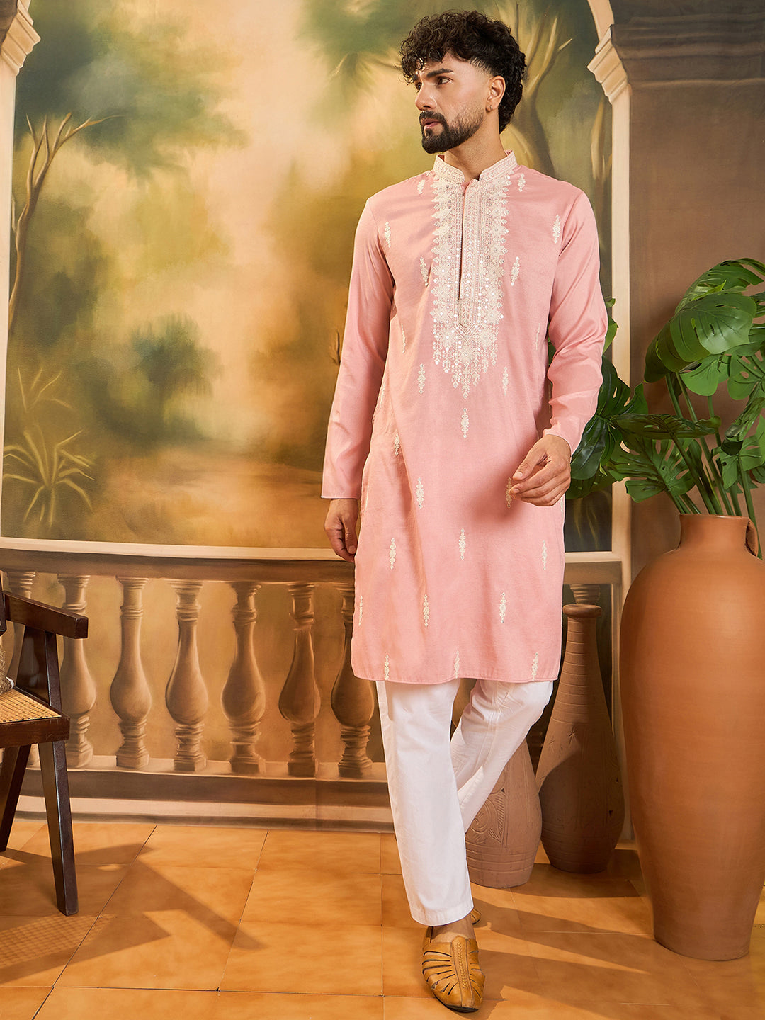Men Peach Silk Blend Solid Embroidered Straight Kurta with Trouser-MKSET1491