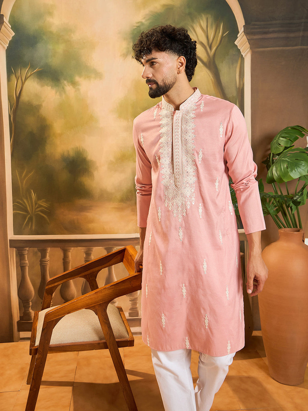Men Peach Silk Blend Solid Embroidered Straight Kurta with Trouser-MKSET1491