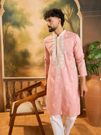 Men Peach Silk Blend Solid Embroidered Straight Kurta with Trouser-MKSET1491